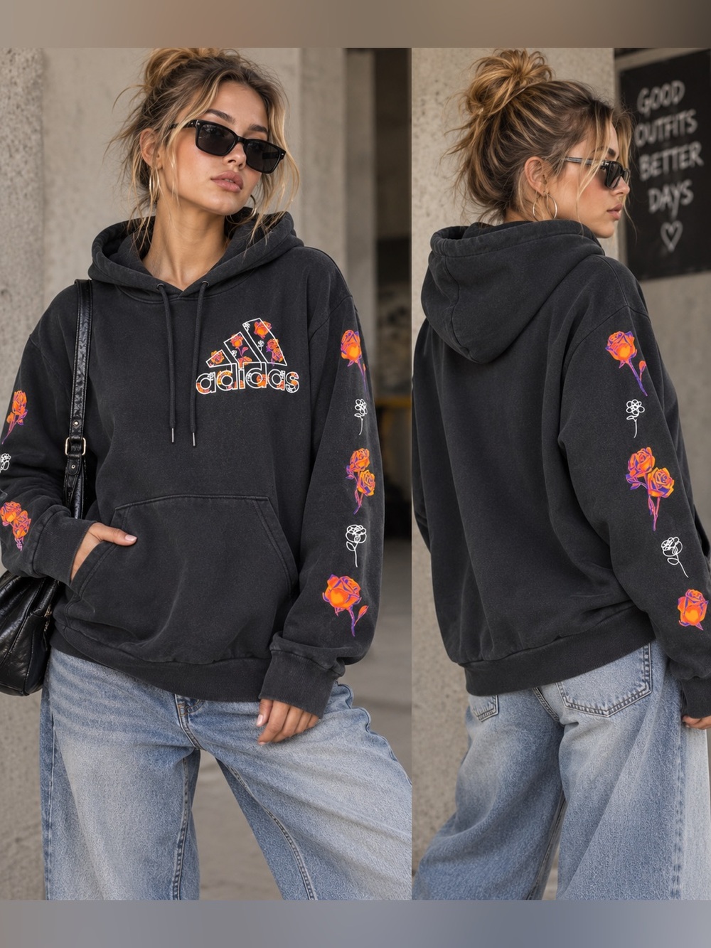 adidas Black Hoodie with Neon Rose Sleeve Graphics